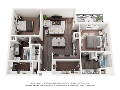 Floor plan for 2 beds, 2 baths, 1103 sqft